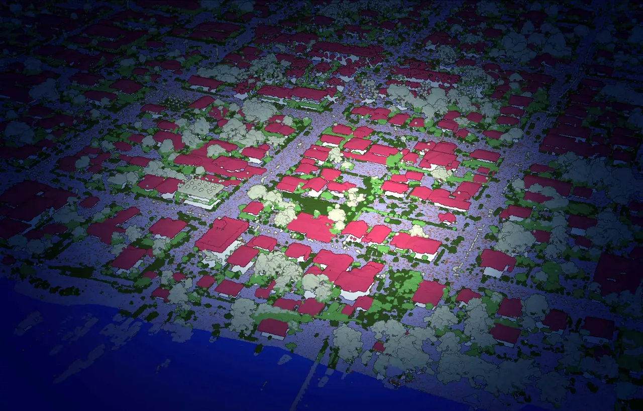 The same kind of aerial imagery with property boundaries drawn over it in a GIS — every parcel in the block outlined