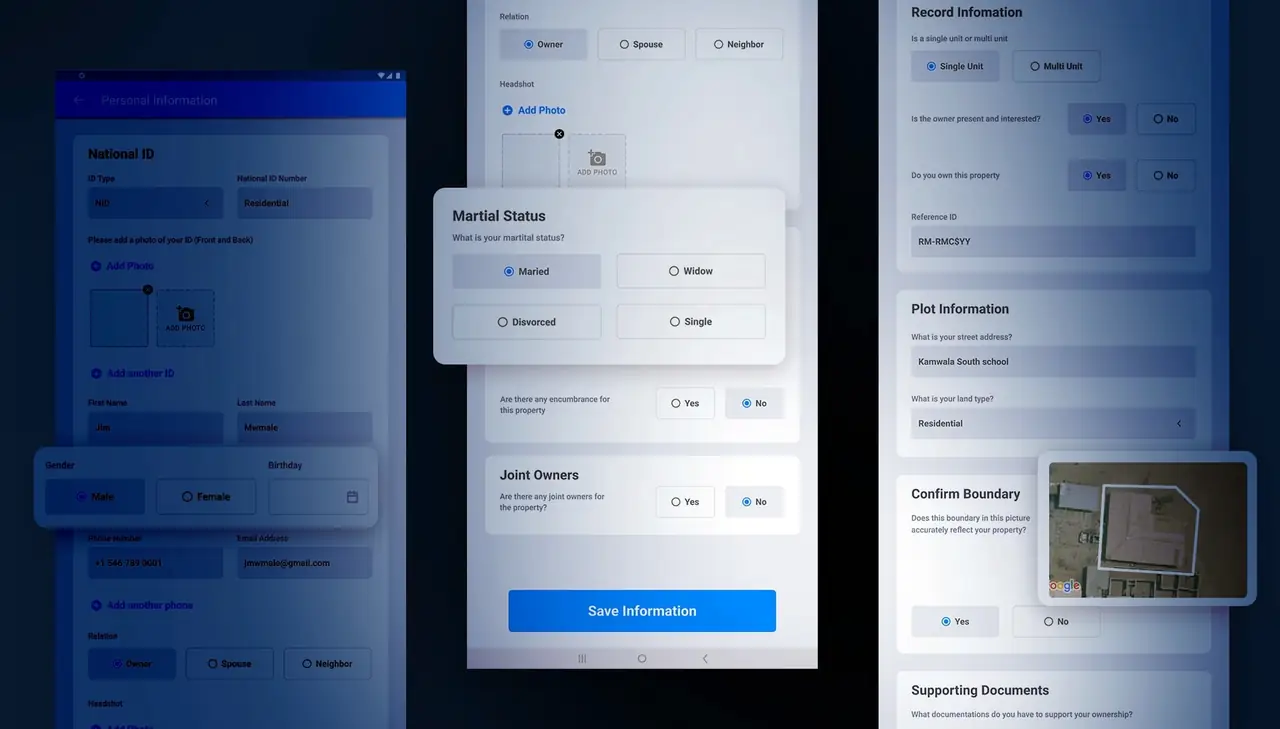 Screens from the ENUM application — personal information and national ID, marital status and joint owners, and record, plot and boundary confirmation