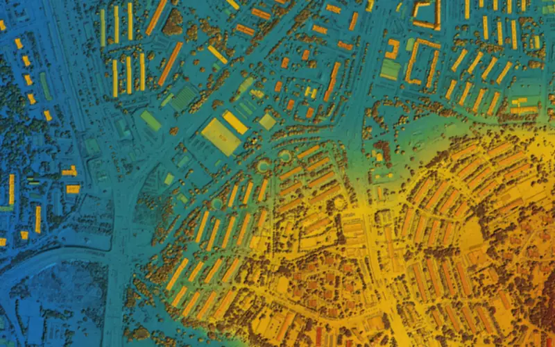 A false-colour LiDAR surface model of a built-up district, height rendered from blue in the low ground through green to orange on the ridge, with every roof and tree canopy resolved as its own raised form