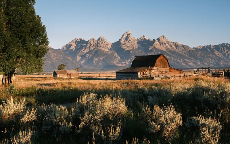 A homestead barn on the Teton County sagebrush flats with the Teton range rising behind it